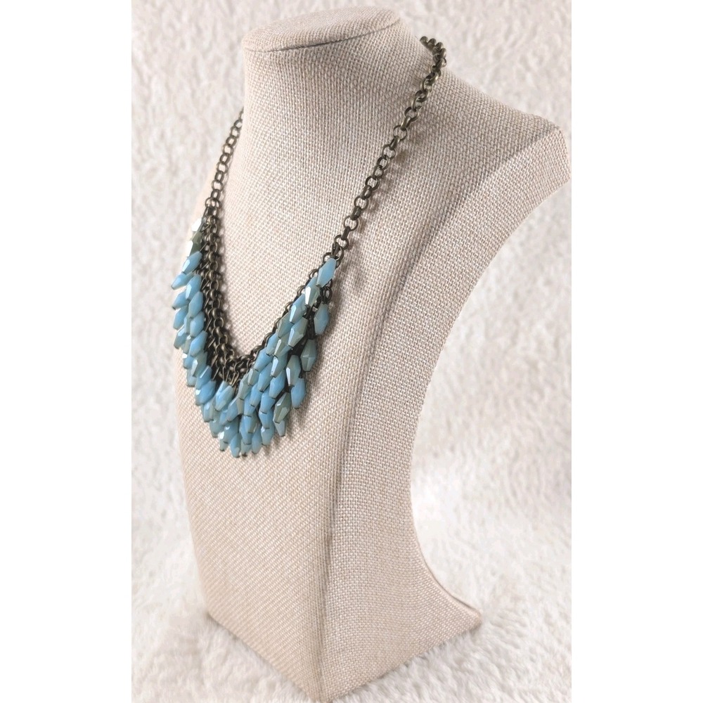 Boho Statement Necklace Aqua Blue Beads Antique‎ Gold Chain Bib Chunky Fashion